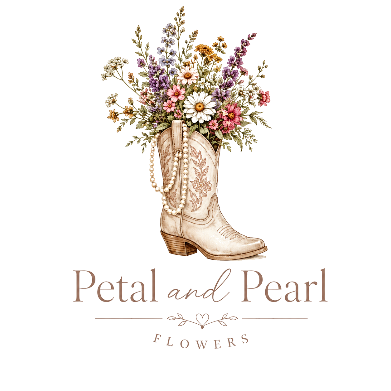 Petal and Pearl Flowers logo - cowboy boot with wildflowers and pearls
