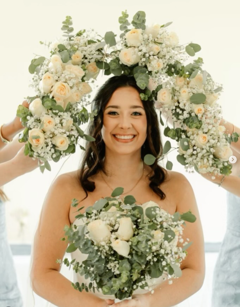 Bride with white rose and eucalyptus bouquets
